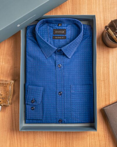 Giza cotton tie collar tailored fit woven formal shirt True Blue