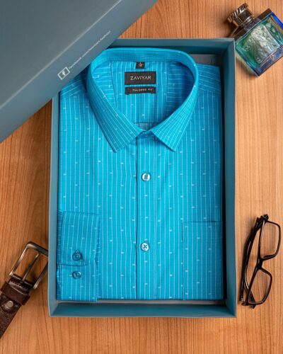 Giza cotton tie collar tailored fit woven formal shirt Cyan Blue