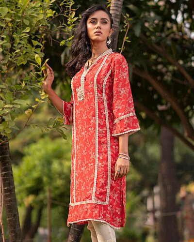 Female A-line Lace Details Long Kameez | Crimson Red