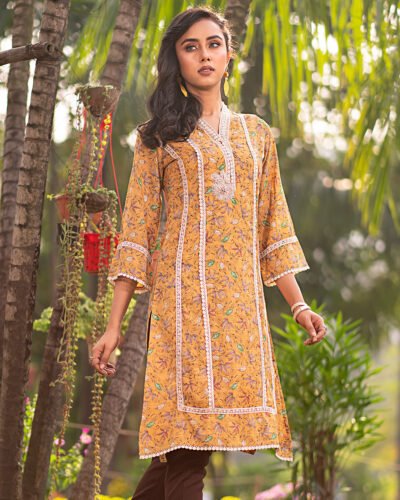 Female A-line Lace Details Long Kameez | Mustard Yellow
