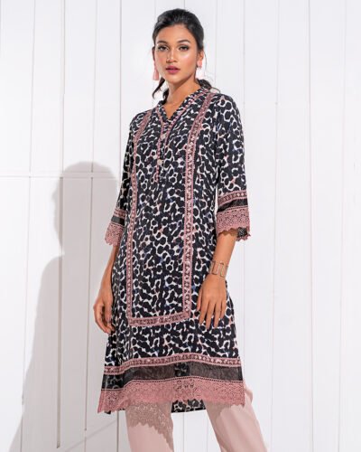 Female lace details straight cut Long kameez | Black Print