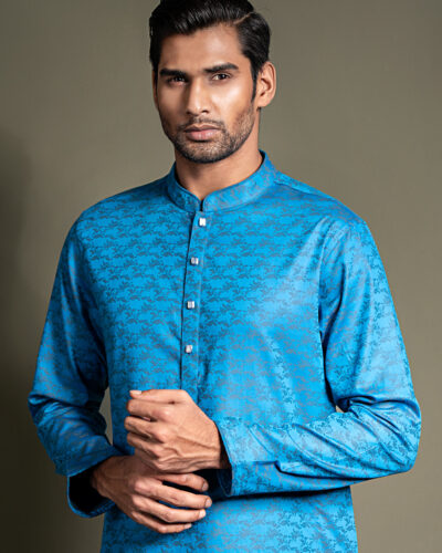 Cotton band collar regular fit woven panjabi from Zaviyar | Yale Blue