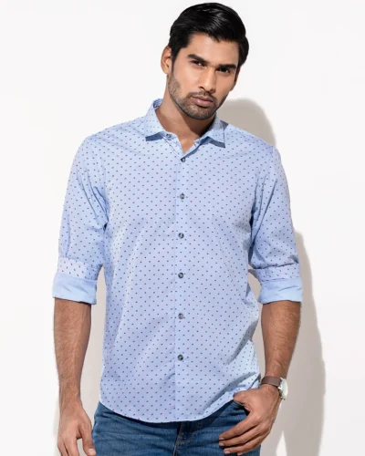 Cotton Narrow collar slim fit woven printed shirt | Celestial Blue