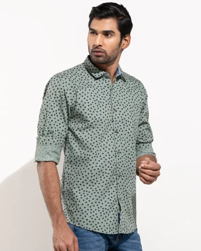 Cotton Narrow collar slim fit woven printed shirt | Olive