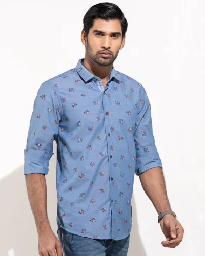 Cotton Shallow collar Slim fit woven print shirt | Dusk blue