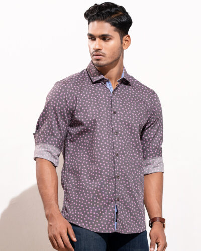 Cotton Narrow collar Slim fit woven print shirt  | Steel gray