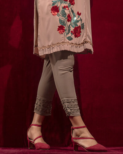 Female Ankle Length Narrow Hem Pant With Lace Details |  Pale olive green
