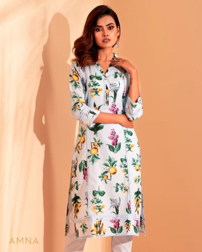 Female A-line V Neck With Lace Details Short Kurta By Amna | Sky Blue