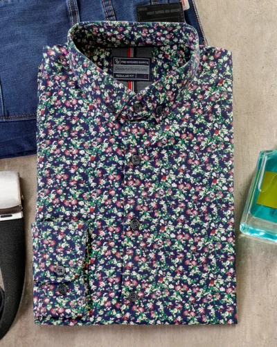 Cotton button down collar regular fit woven printed shirt  | Navy Green