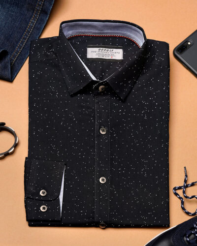 Cotton slim fit woven printed shirt | Black