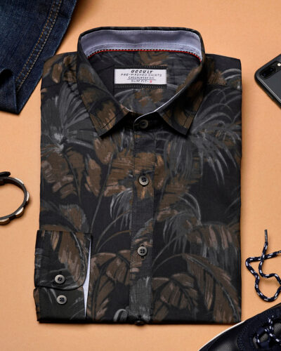 Cotton regular fit woven printed shirt | Charcoal