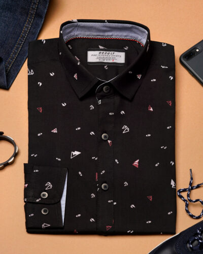 Cotton slim fit woven printed shirt | Raven Black