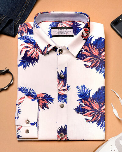 Cotton slim fit woven printed shirt | White Blue