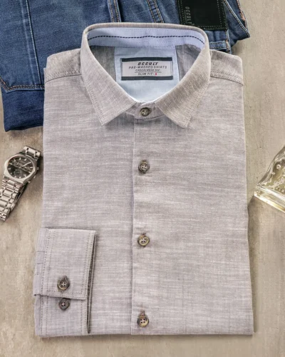 Cotton slim fit woven printed shirt | Anchor Grey