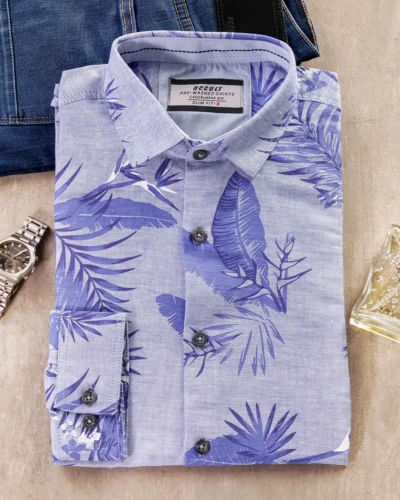 Cotton slim fit woven printed shirt | Baby Blue