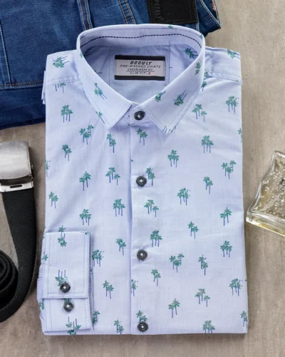 Cotton slim fit woven printed shirt | Light Blue