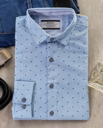 Cotton slim fit woven printed shirt | Placid Blue