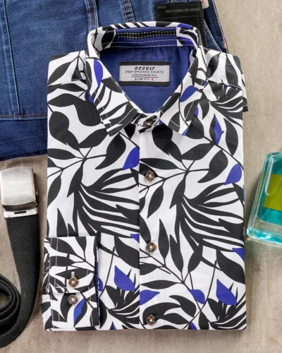 Cotton slim fit woven printed shirt | Black