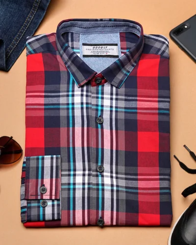 Cotton slim fit woven checked shirt | Navy Red