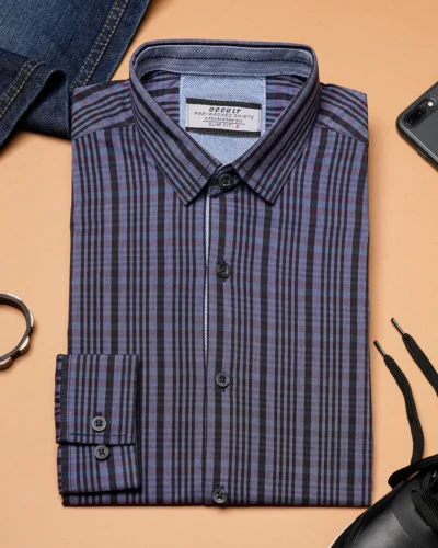 Cotton slim fit woven checked shirt  | Slate