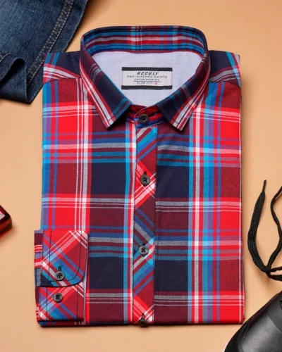 Cotton slim fit woven checked shirt | Red Blue