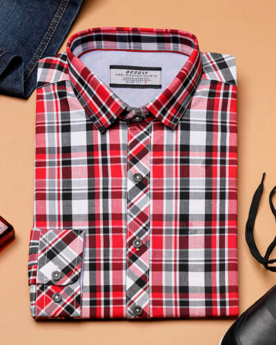 Cotton slim fit woven checked shirt | White Red