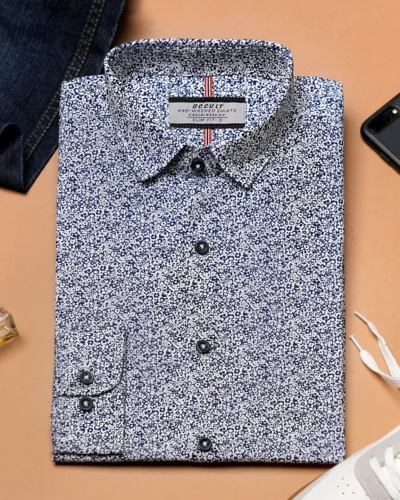 Cotton slim fit woven printed shirt  | Midnight Blue