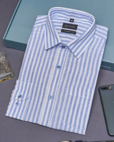 Luxury linen tie collar tailored fit woven formal shirt | Blue