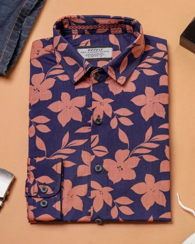 Cotton narrow collar regular fit woven printed shirt  | Royal Blue