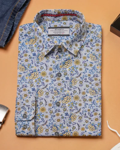 Cotton narrow collar regular fit woven printed shirt  | Steel Blue