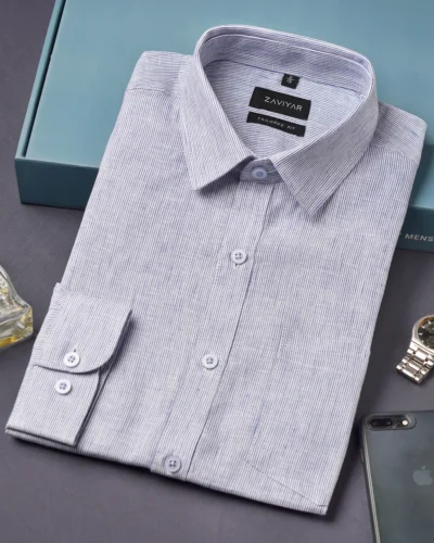 Luxury linen tie collar tailored fit woven striped shirt | Persian Blue