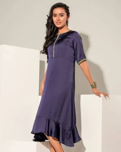 Female Front Button Placket With Bothside Frill Casual Top |  Midnight Blue