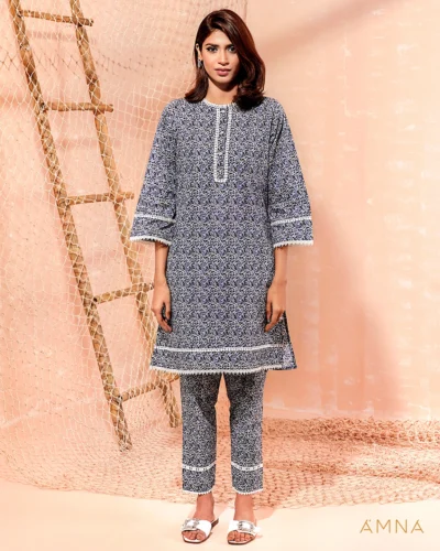 Printed cotton co-ord kurta & bottom set by AMNA | Navy Blue
