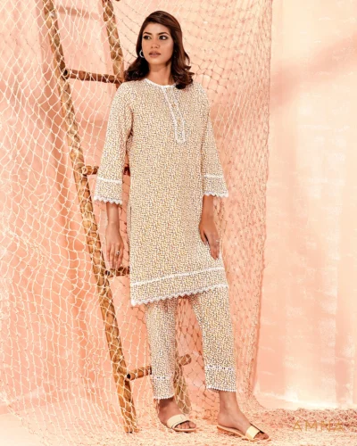 Printed cotton co-ord kurta & bottom set by AMNA | Bumblebee Yellow