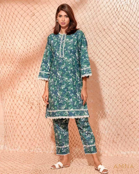Printed cotton co-ord kurta & bottom set by AMNA | Emerald Green