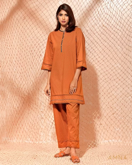 Printed cotton co-ord kurta and bottom set by AMNA | Golden Brown