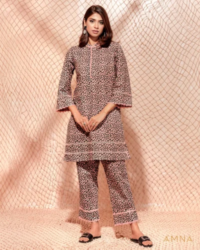 Printed cotton co-ord kurta & bottom set by AMNA | Rose Water Pink