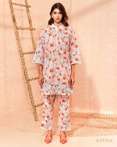 Printed cotton co-ord kurta & bottom set by AMNA | White