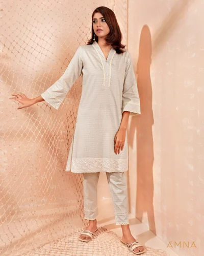Printed cotton co-ord kurta & bottom set by AMNA | Star White