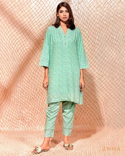 Printed cotton co-ord kurta & bottom set by AMNA | Aqua