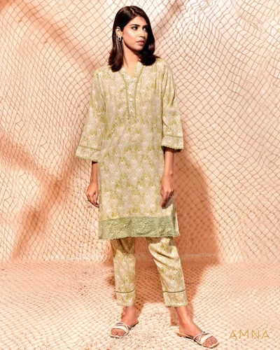Printed cotton co-ord kurta & bottom set by AMNA | Light Green