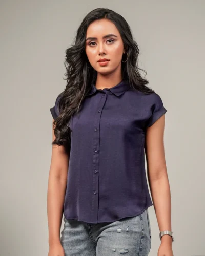 Female Shirt Collar Casual Top | Navy Blue