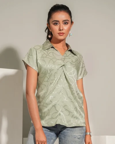 Female Shirt Collar and  Center Front Twist Casual Top | Pistachio Green