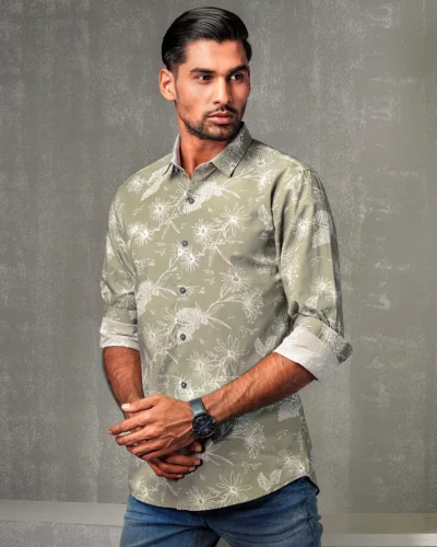 Cotton narrow collar regular fit woven printed shirt  | Olive