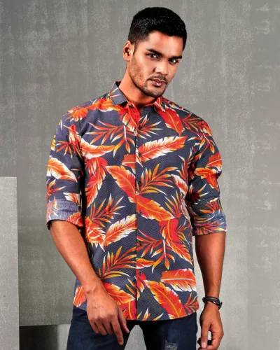Cotton narrow collar regular fit woven printed shirt  | Navy Blue