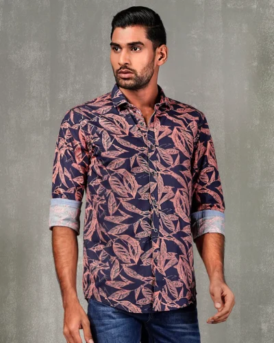 Cotton slim fit woven printed shirt  | Midnight Blue