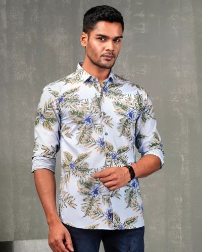 Cotton narrow collar regular fit woven printed shirt | Baby Blue