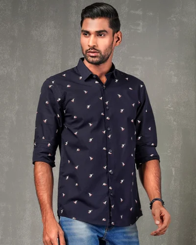 Cotton slim fit woven printed shirt | Navy