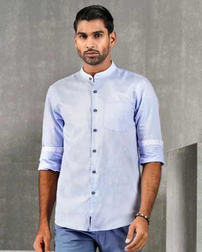 Cotton slim fit woven printed shirt  | Teal