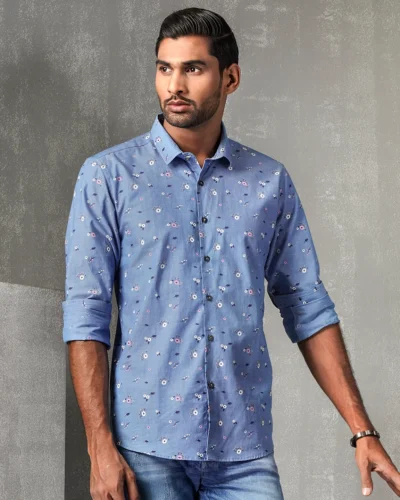 Cotton slim fit woven printed shirt  | Oxford Blue